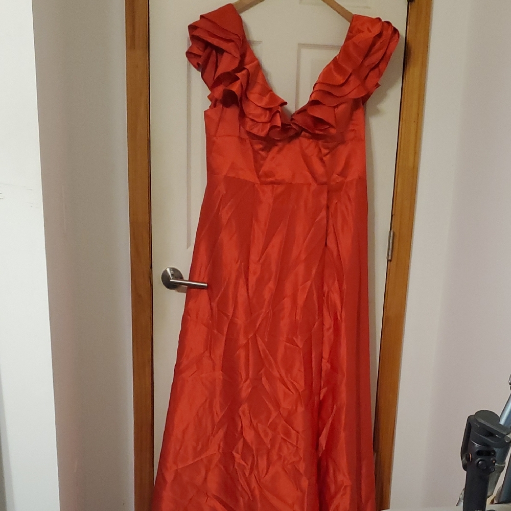 Red Ruffled Sweetheart Prom Gown With High Slit